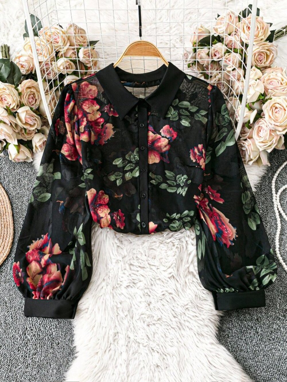Black Casual Women's Chiffon Cutout Lapel Long Sleeve Blouse - Picture 6 of 7